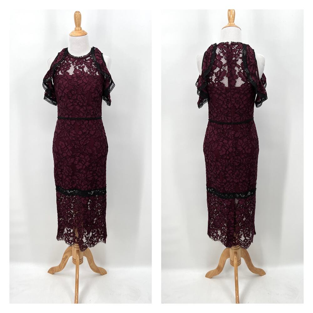 ALEXIS Evie Lace Midi Sheath Dress Womens Small Burgundy Crew Neck Cold Shoulder - Picture 4 of 16